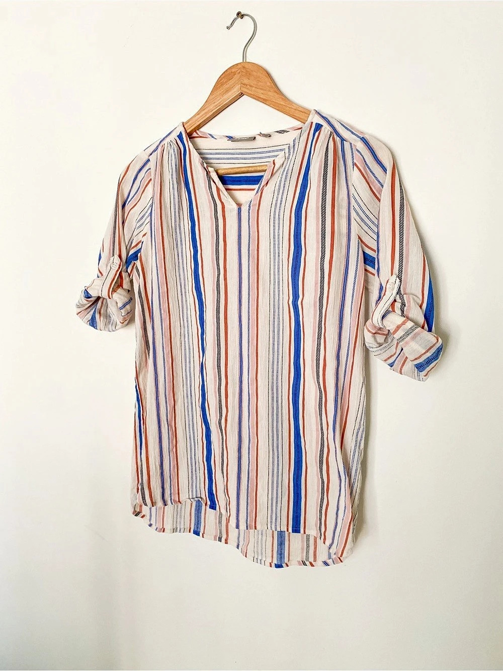 FRANSA | 100% Cotton Blouse | Striped V-Neck Roll-Tab | Size S/M
